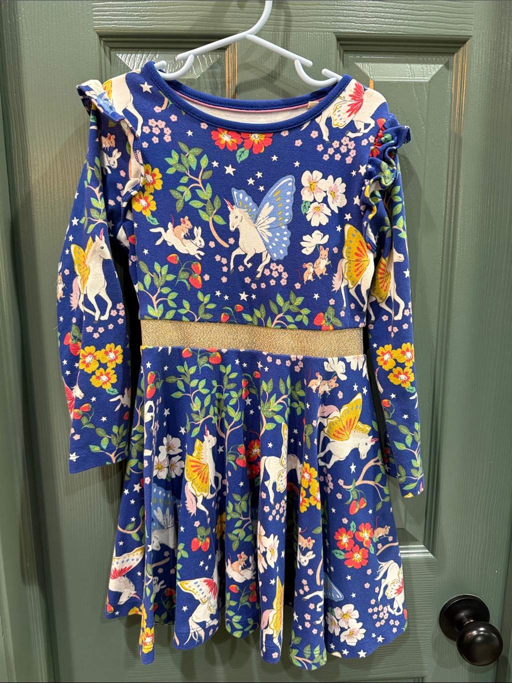 Mini Boden Navy Unicorn & Floral Long-Sleeve Dress With Gold Waistband